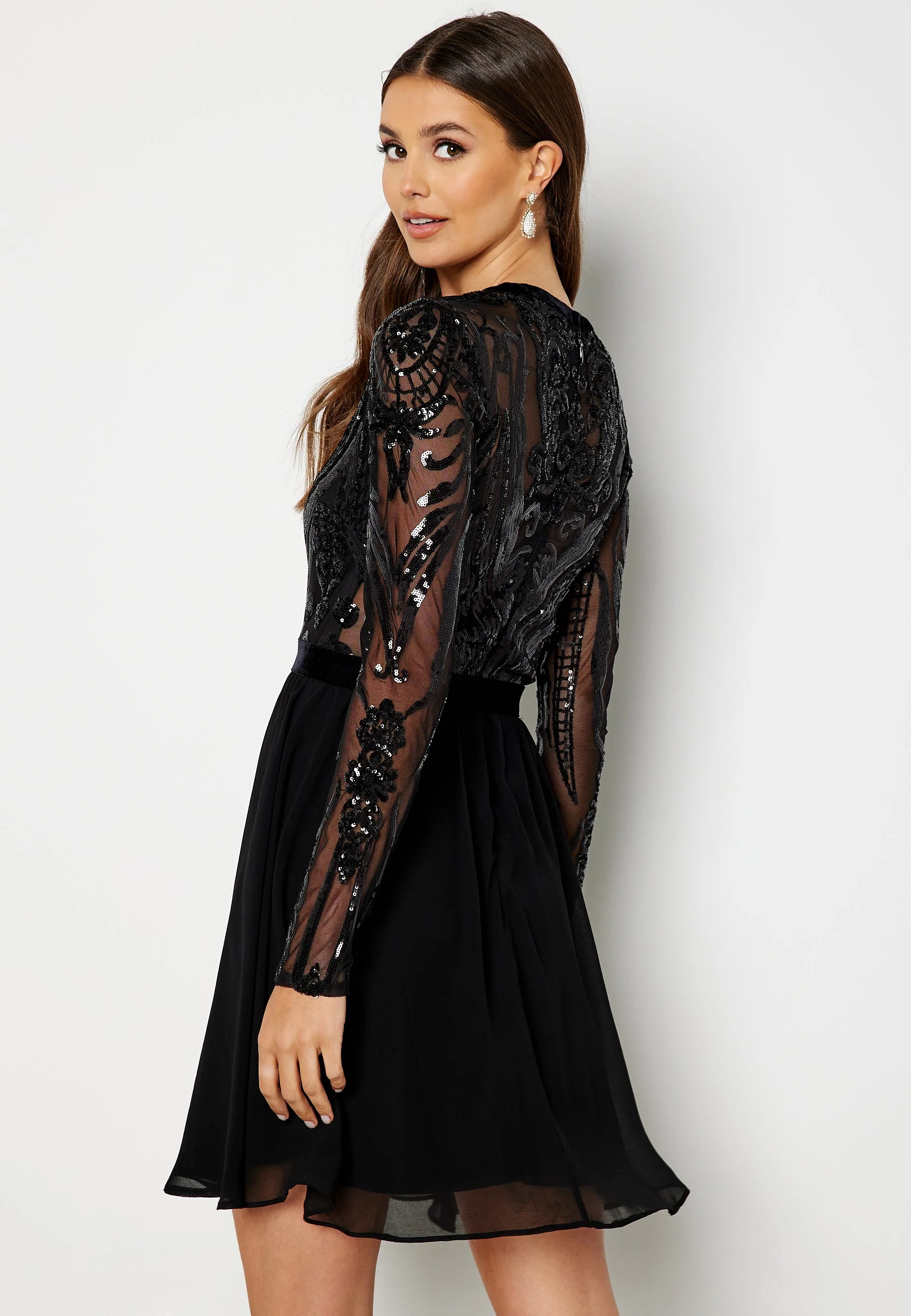 Deep V Sequin Bodice Skater Dress - Image 3