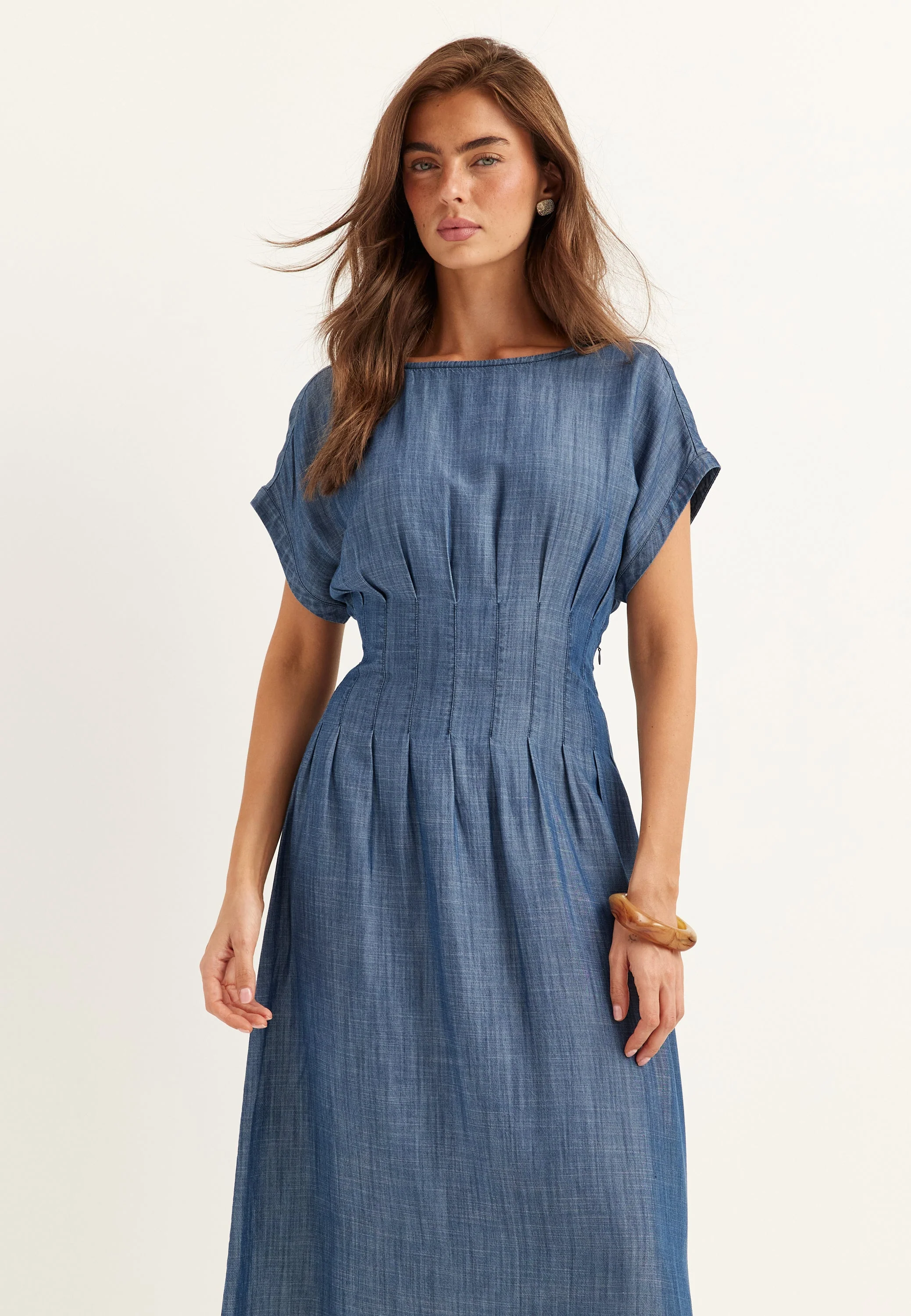 Denim Pleated Midi Dress - Image 2