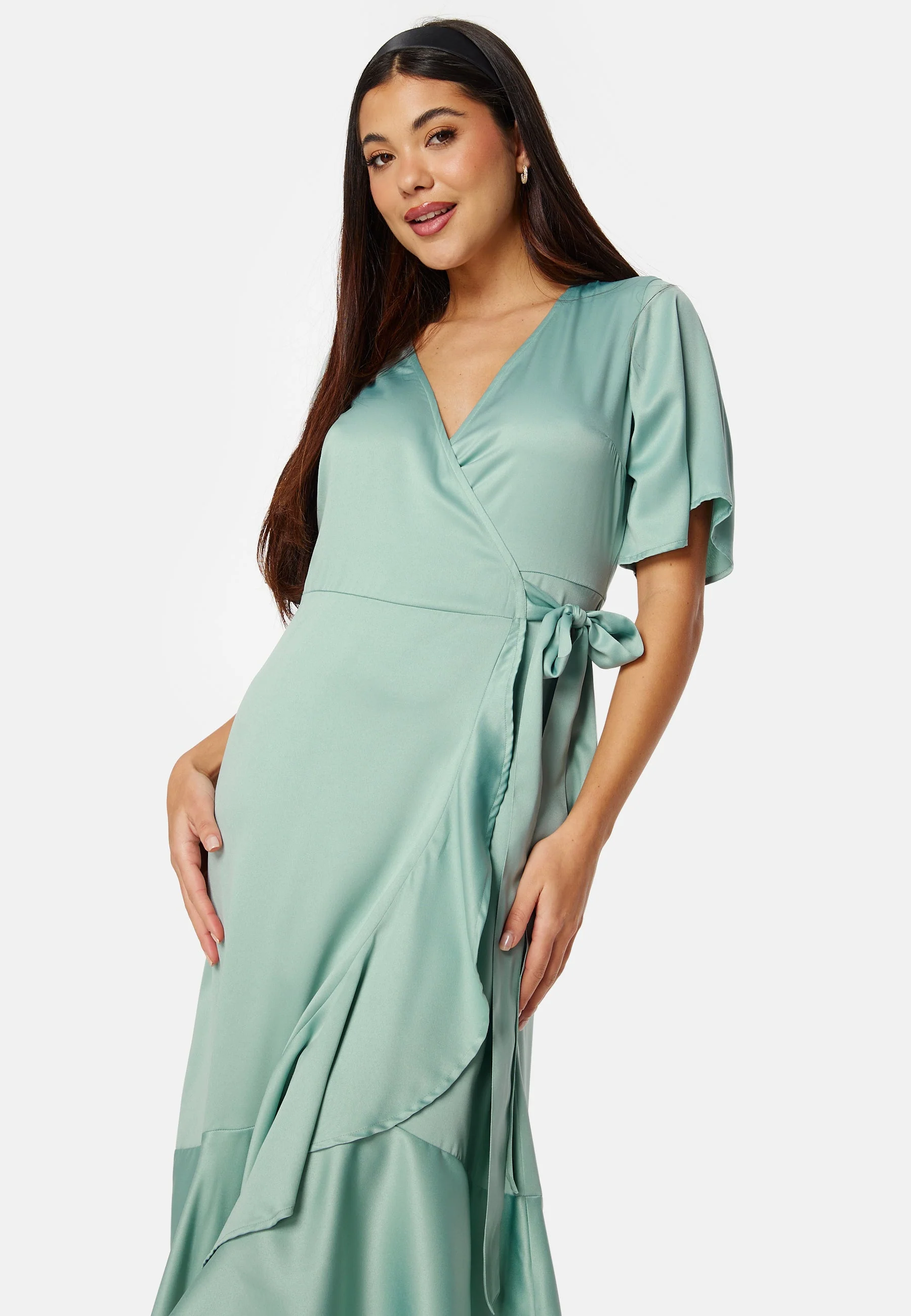Frill Wrap Satin Midi Dress - Image 4