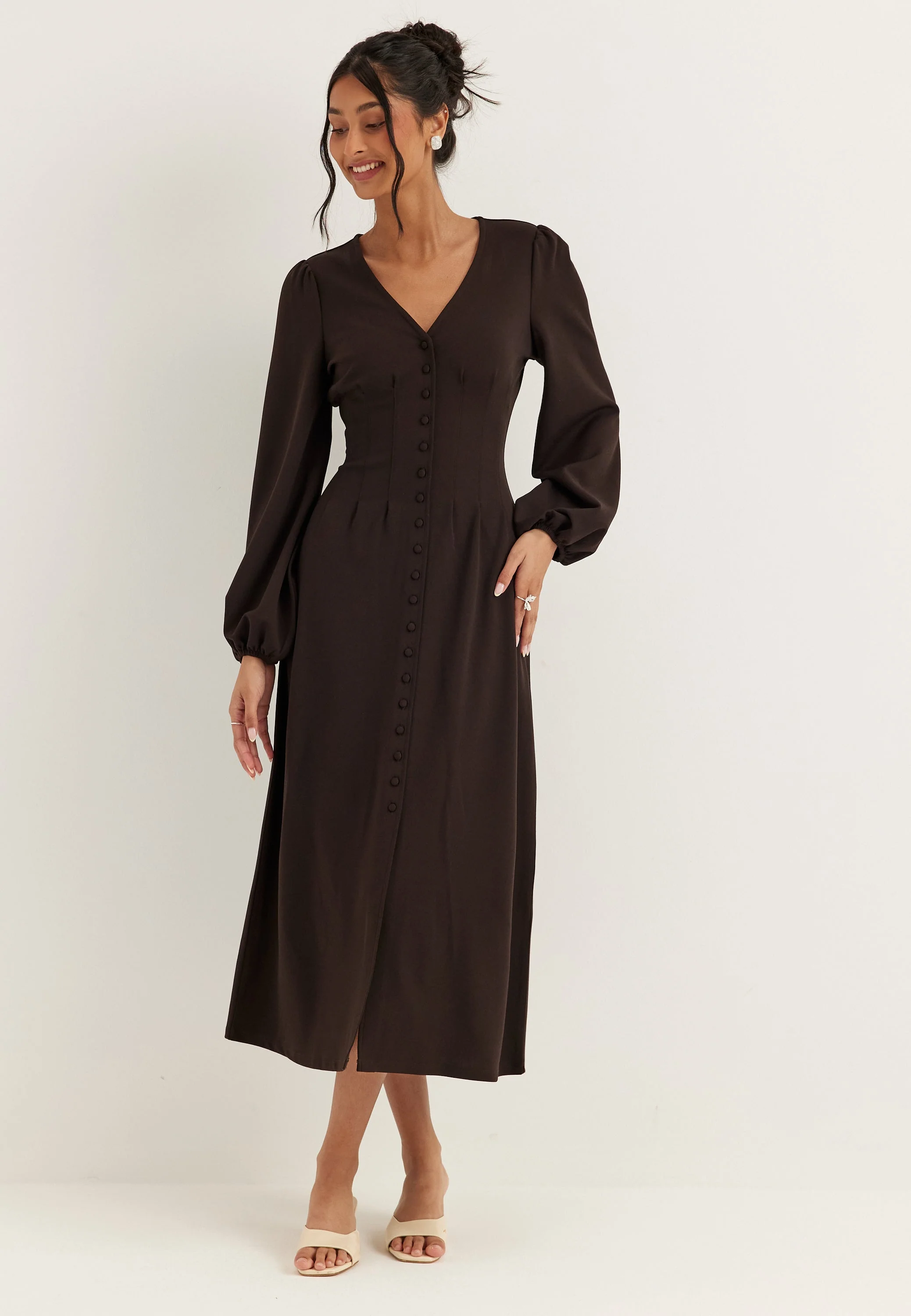 Midi Button Volume Sleeve Dress - Image 2