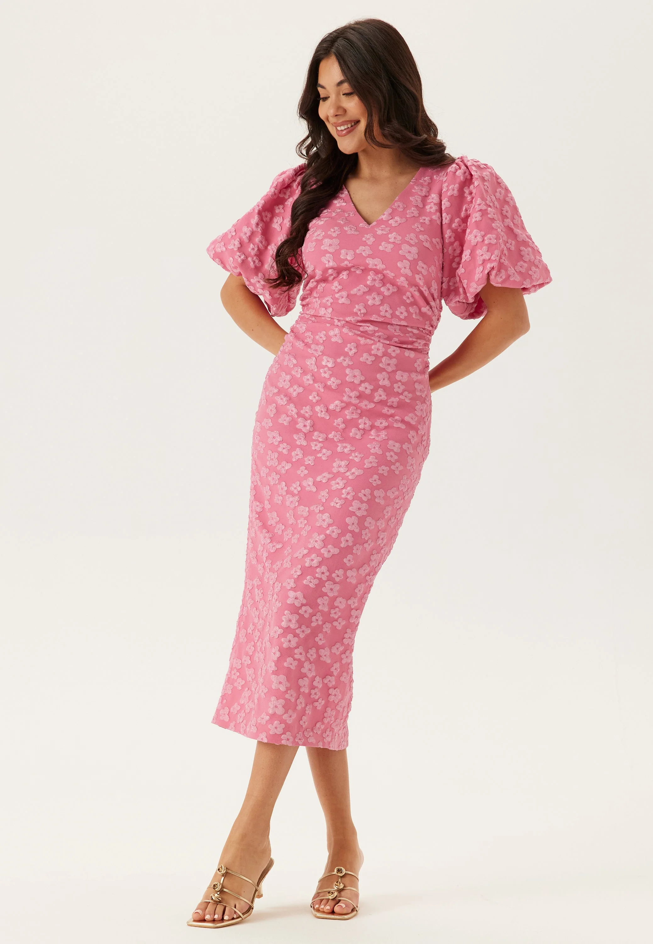 Puff Sleeve Jacquard Midi Dress