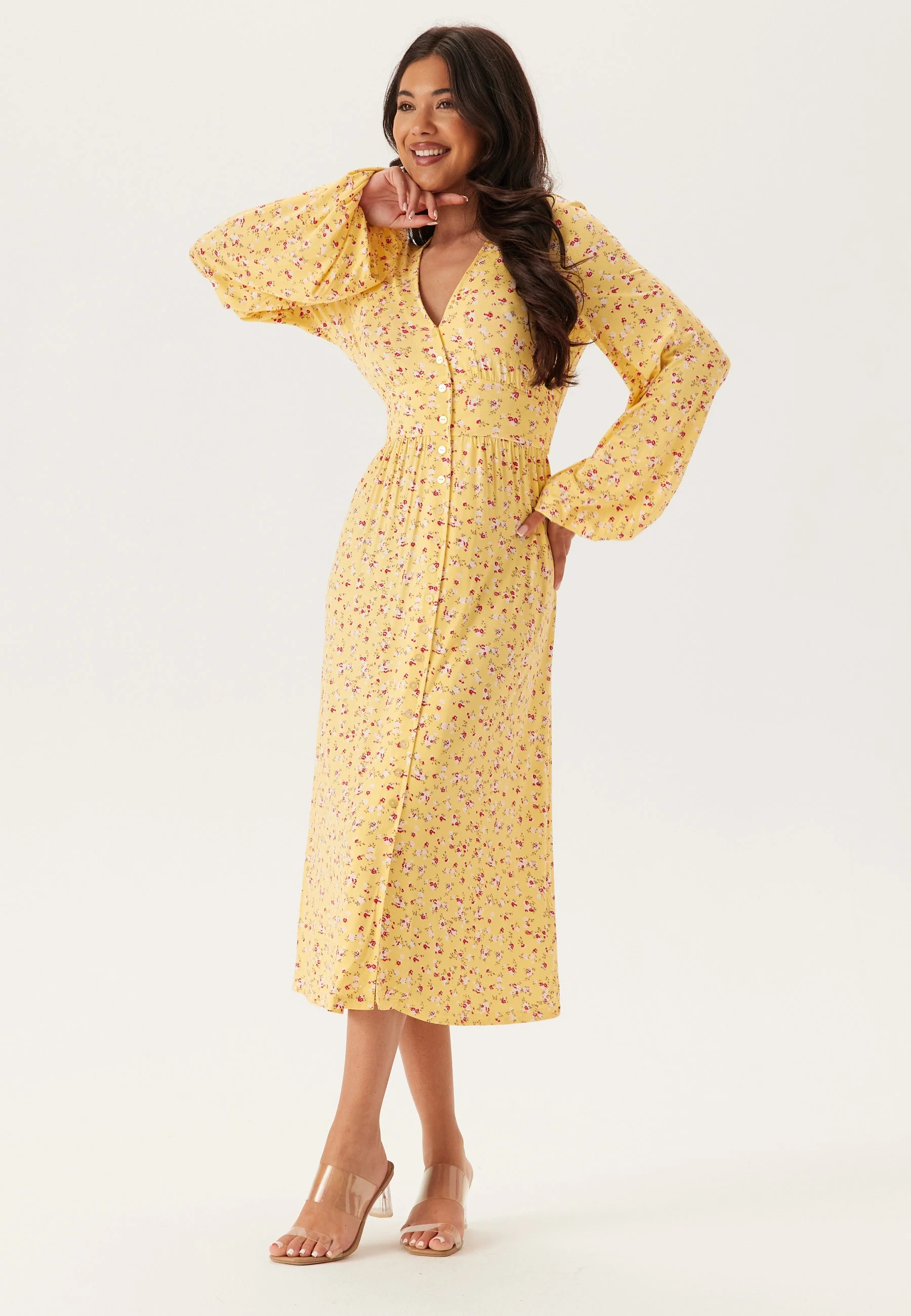 Soft Midi Button Volume Sleeve Dress - Image 2